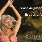 Blond woman with arms raised after getting a breast augmentation and breast lift.