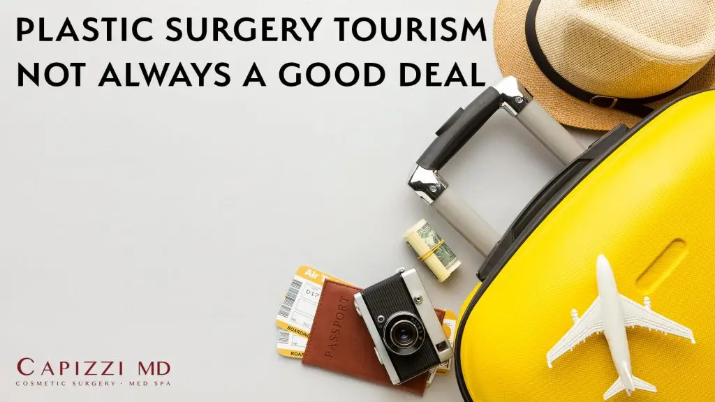 Carryon luggage bag, roll of cash, passport, airline tickets and hat with the title Plastic surgery tourism not always a good deal.