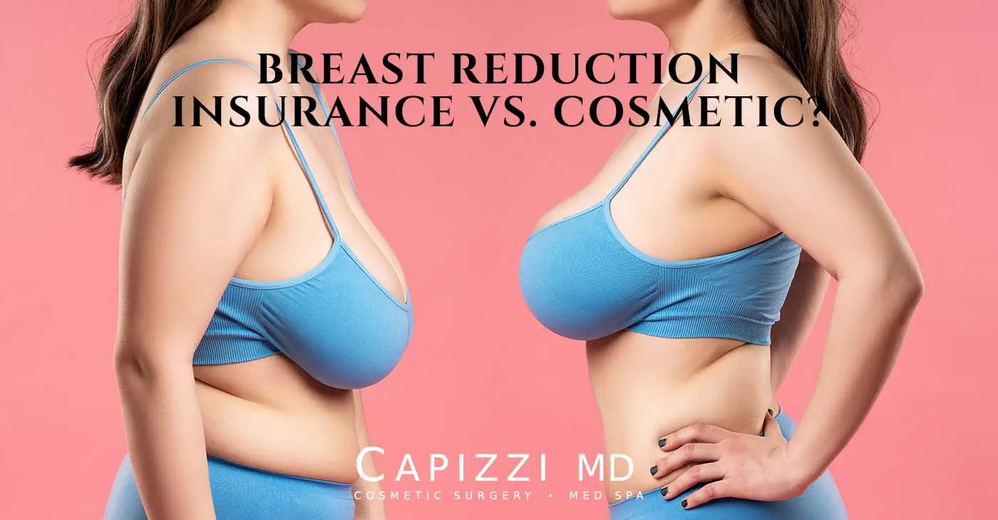 Woman facing herself showing the difference between an Insurance Vs. Cosmetic Breast Reduction.